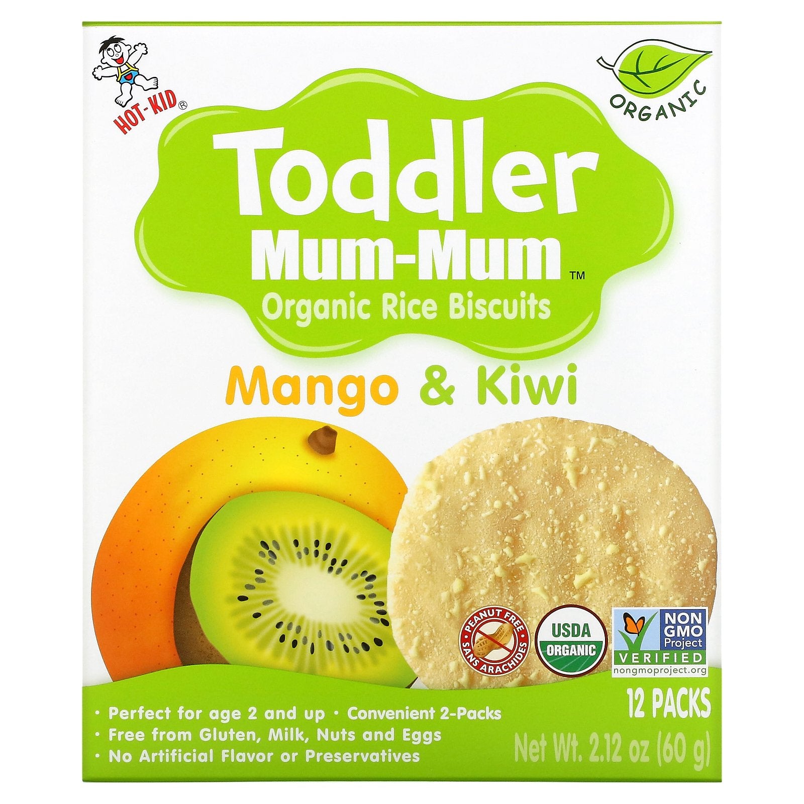 Hot Kid, Toddler Mum-Mum, Organic Rice Biscuits, Age 2 and Up, Mango & Kiwi, 12 Packs, 2 Biscuits Each