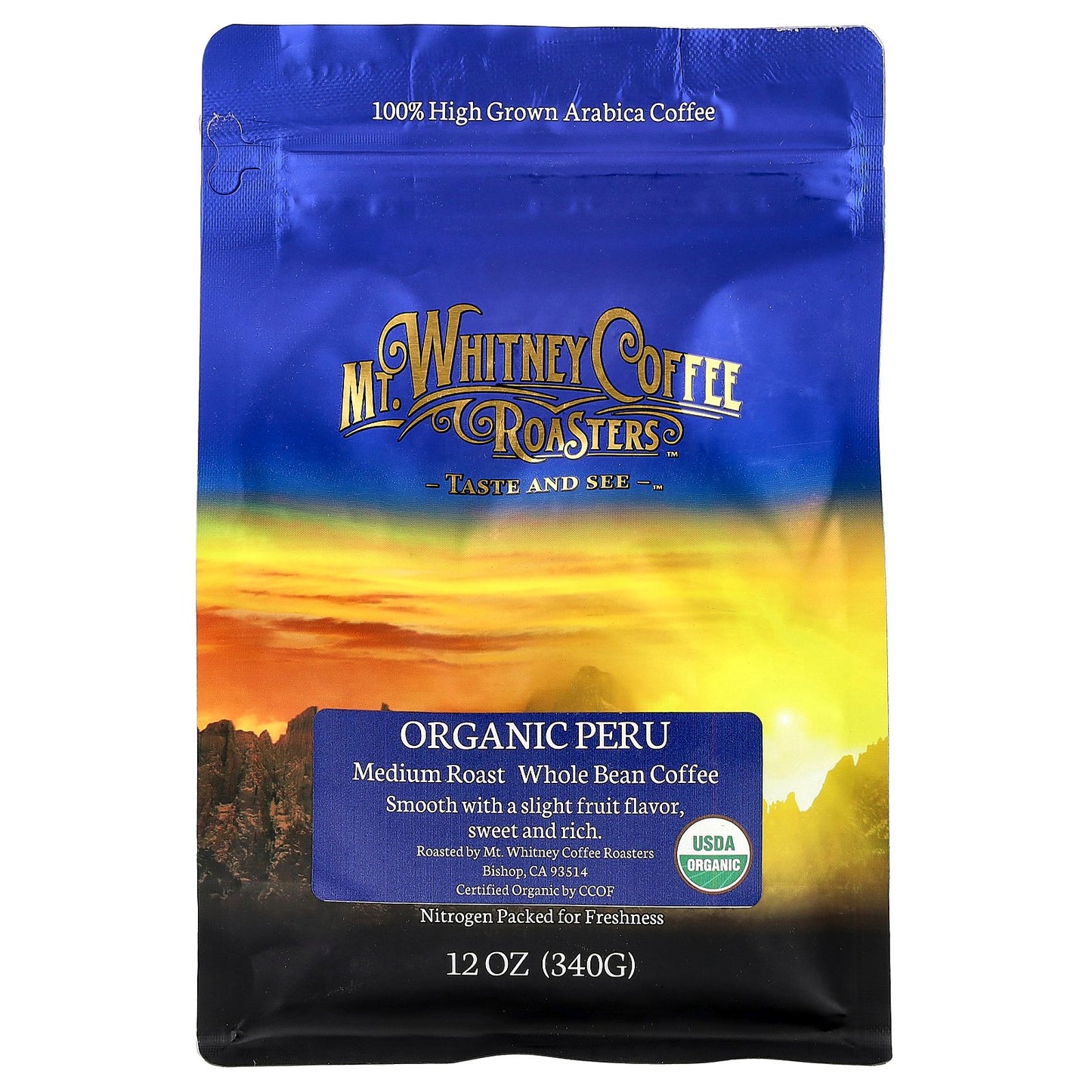 Mt. Whitney Coffee Roasters, Organic Peru, Whole Bean Coffee, Medium Roast, 12 oz (340 g)