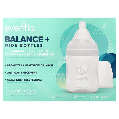 Evenflo Feeding, Balance+ Bottles, Wide, 0+ Months, Slow Flow, 3 Bottles, 5 oz (150 ml) Each