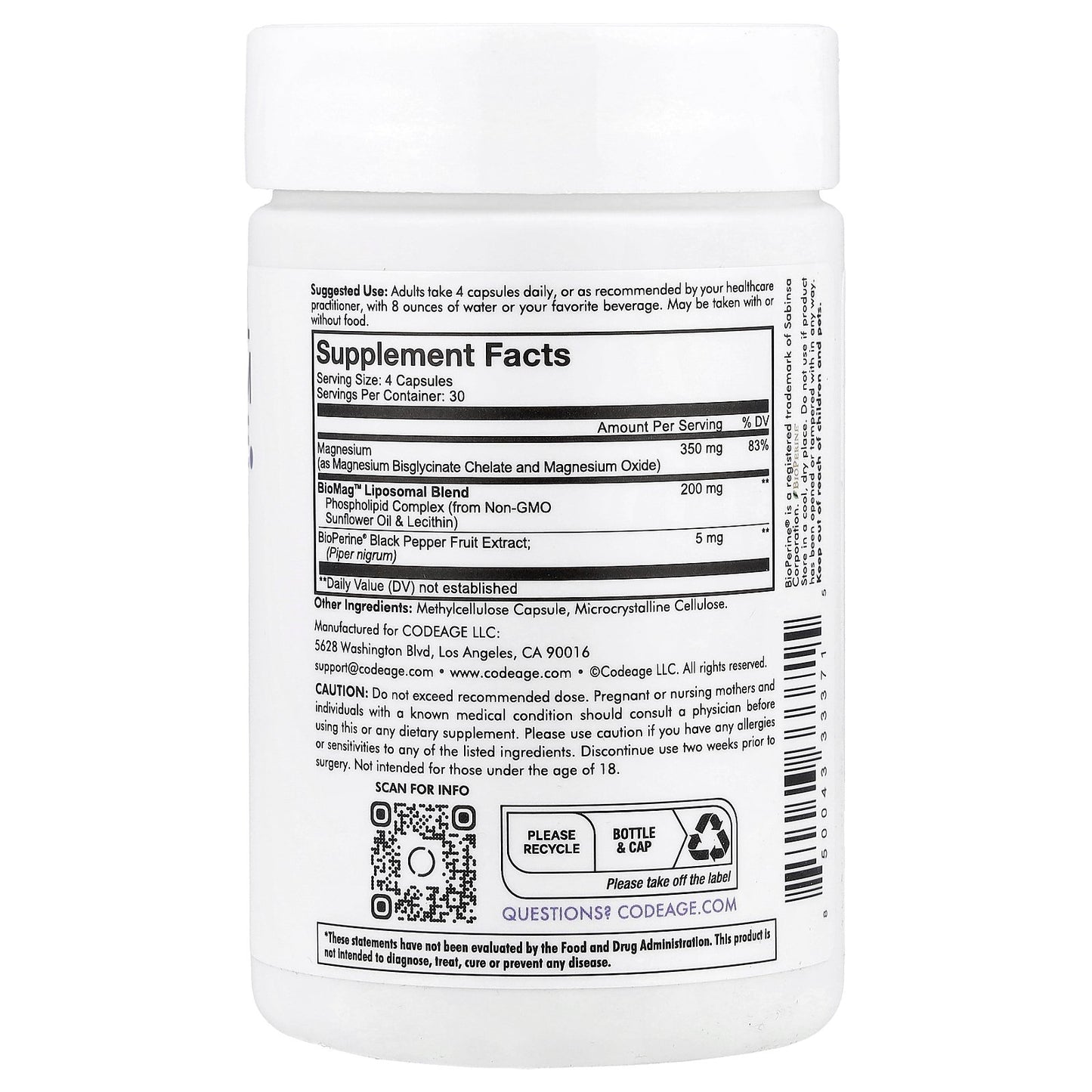 Codeage, Liposomal Magnesium Glycinate, 120 Vegetable Capsules