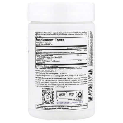 Codeage, Liposomal Magnesium Glycinate, 120 Vegetable Capsules
