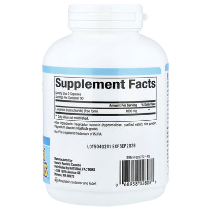 Natural Factors, L-Arginine, 180 Vegetarian Capsules (500 mg per Capsule)