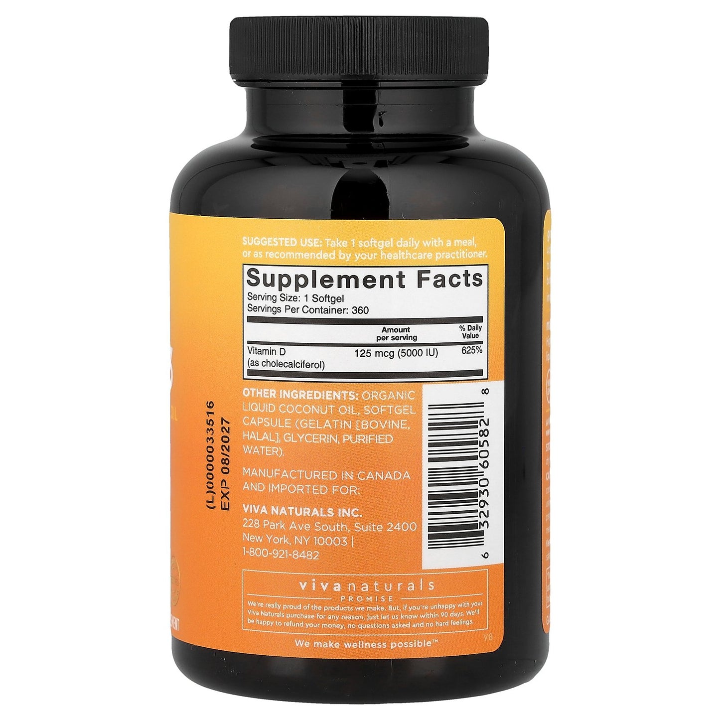 Viva Naturals, Vitamin D3 with Organic Liquid Coconut Oil, High-Potency, 5,000 IU, 360 Softgels