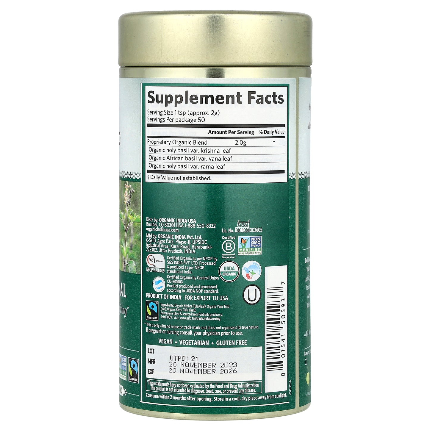 Organic India, Tulsi Original Loose Leaf Tea, Caffeine Free, 3.5 oz (100 g)