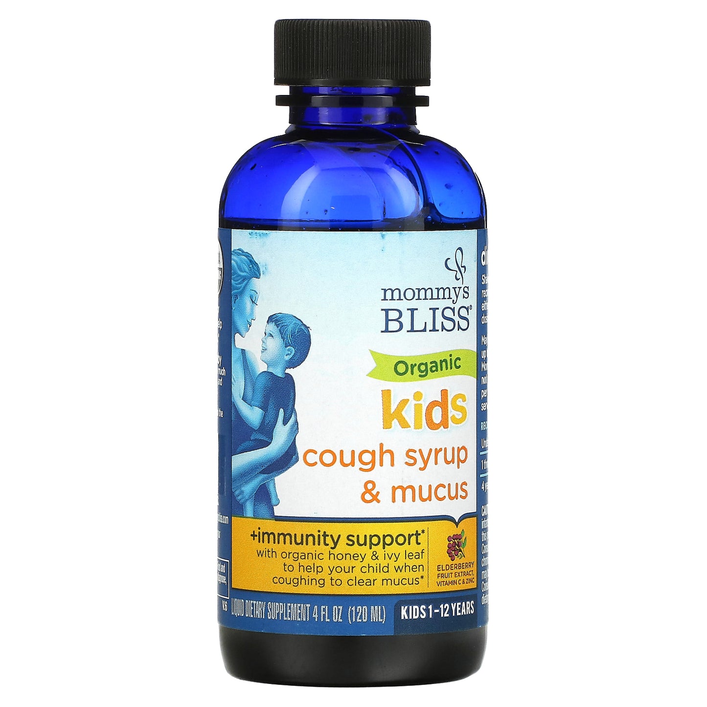 Mommy's Bliss, Kids, Organic Cough Syrup & Mucus + Immunity Support, 1-12 Yrs, Elderberry, 4 fl oz (120 ml)