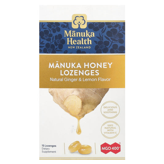 Manuka Health, Manuka Honey Lozenges, Natural Ginger & Lemon, MGO 400+, 15 Lozenges