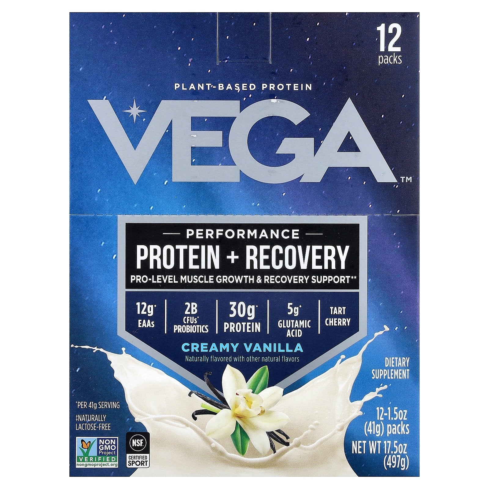 Vega, Plant-Based Protein, Performance Protein + Recovery, Creamy Vanilla, 12 Packs, 1.5 oz (41 g) Each