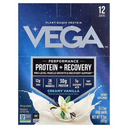 Vega, Plant-Based Protein, Performance Protein + Recovery, Creamy Vanilla, 12 Packs, 1.5 oz (41 g) Each