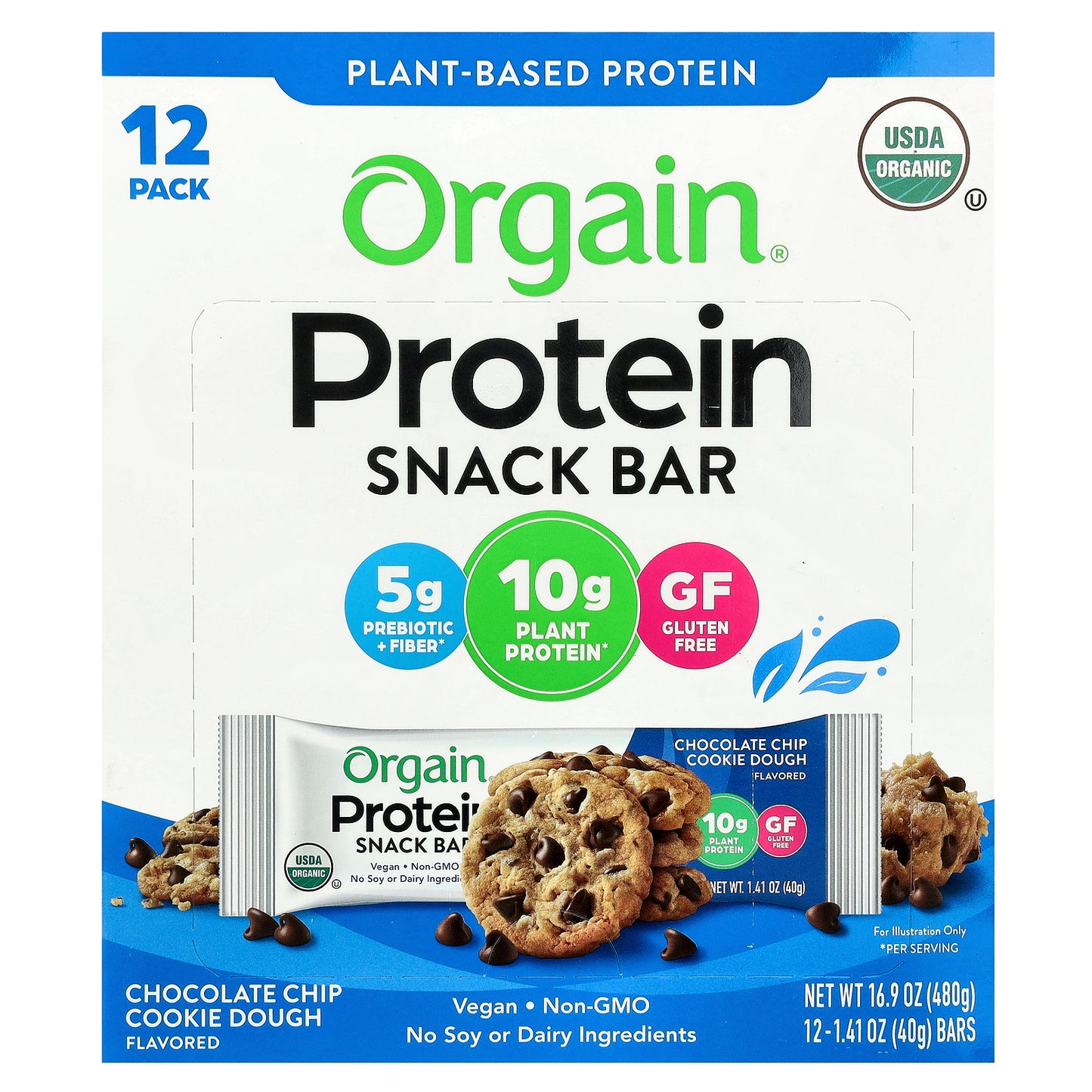 Orgain, Plant-Based Protein Snack Bar, Chocolate Chip Cookie Dough, 12 Bars, 1.41 oz (40 g) Each