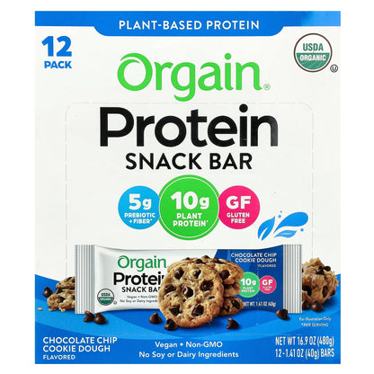Orgain, Plant-Based Protein Snack Bar, Chocolate Chip Cookie Dough, 12 Bars, 1.41 oz (40 g) Each