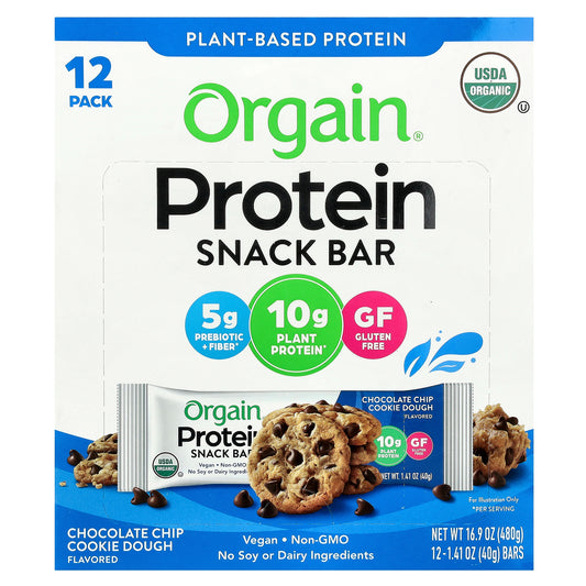 Orgain, Plant-Based Protein Snack Bar, Chocolate Chip Cookie Dough, 12 Bars, 1.41 oz (40 g) Each