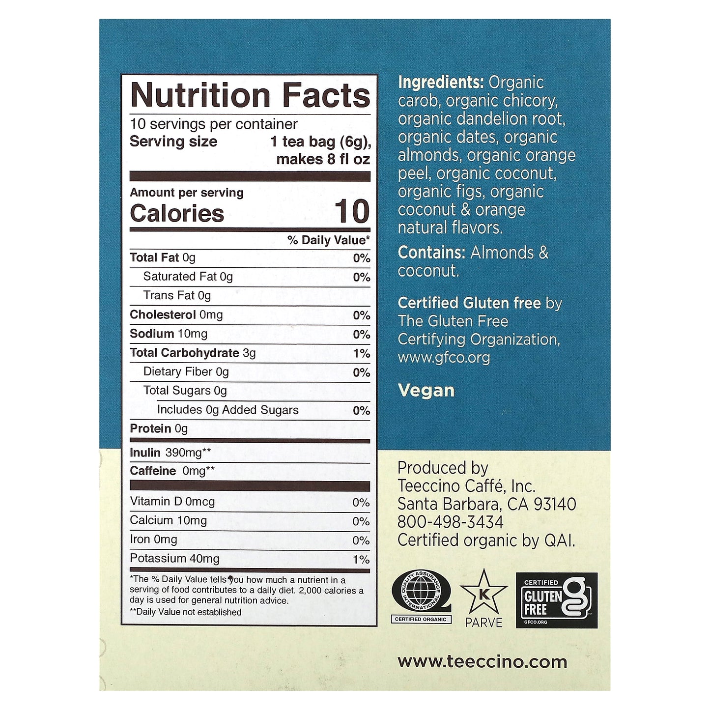 Teeccino, Organic Roasted Herbal Tea, Dandelion Coconut, Caffeine Free, 10 Tea Bags, 2.12 oz (60 g)