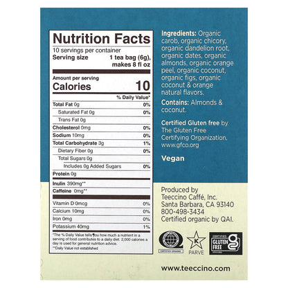Teeccino, Organic Roasted Herbal Tea, Dandelion Coconut, Caffeine Free, 10 Tea Bags, 2.12 oz (60 g)