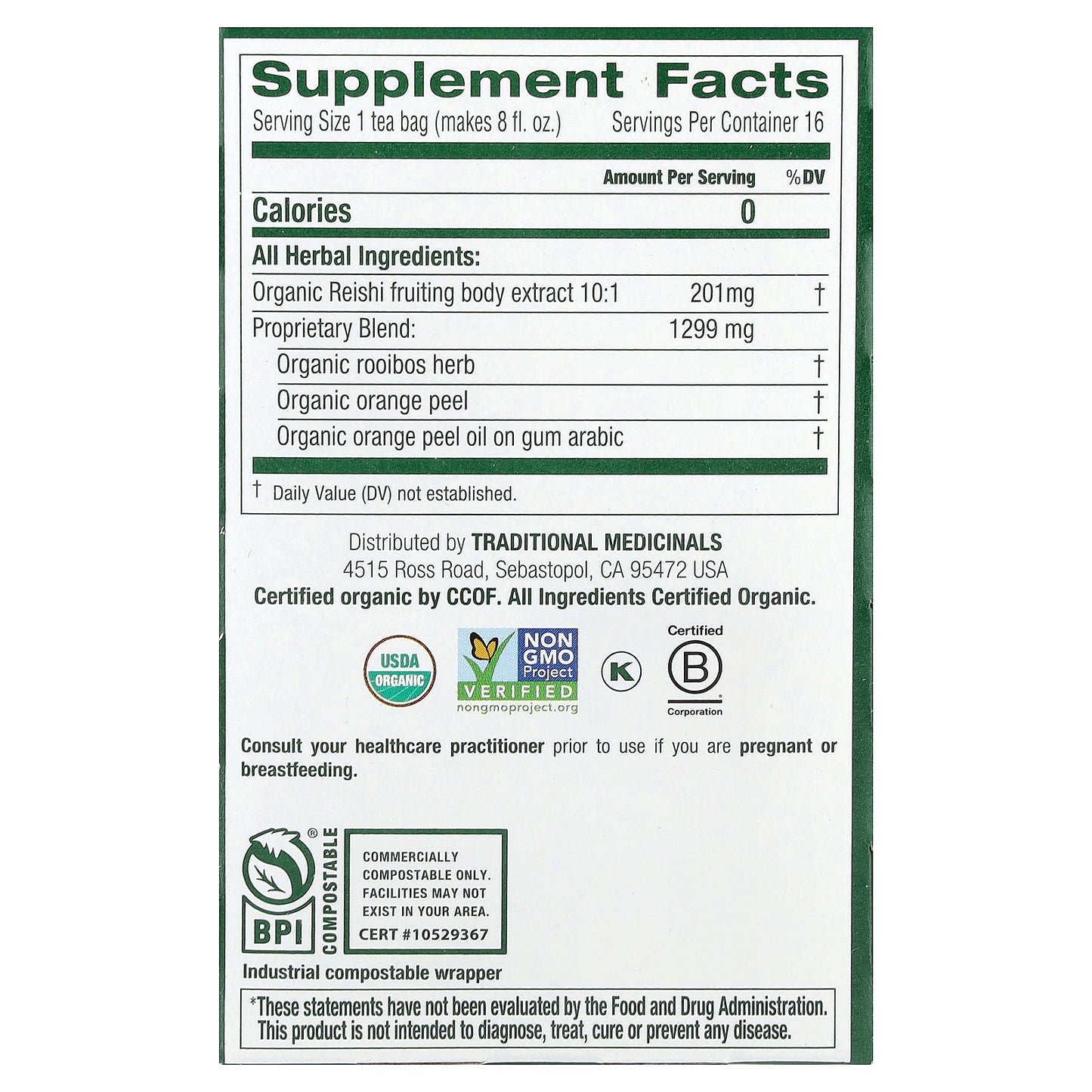 Traditional Medicinals, Organic Reishi Mushroom with Rooibos & Orange Peel, Caffeine Free, 16 Wrapped Tea Bags, 0.85 oz (24 g)