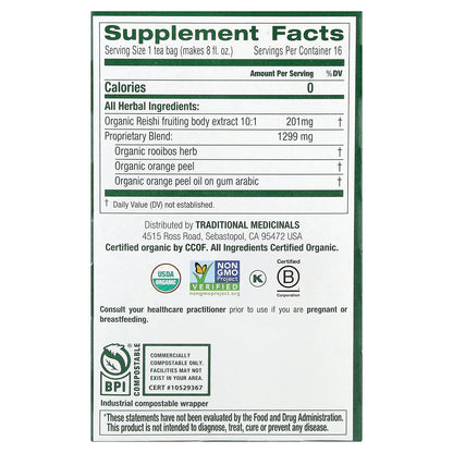 Traditional Medicinals, Organic Reishi Mushroom with Rooibos & Orange Peel, Caffeine Free, 16 Wrapped Tea Bags, 0.85 oz (24 g)