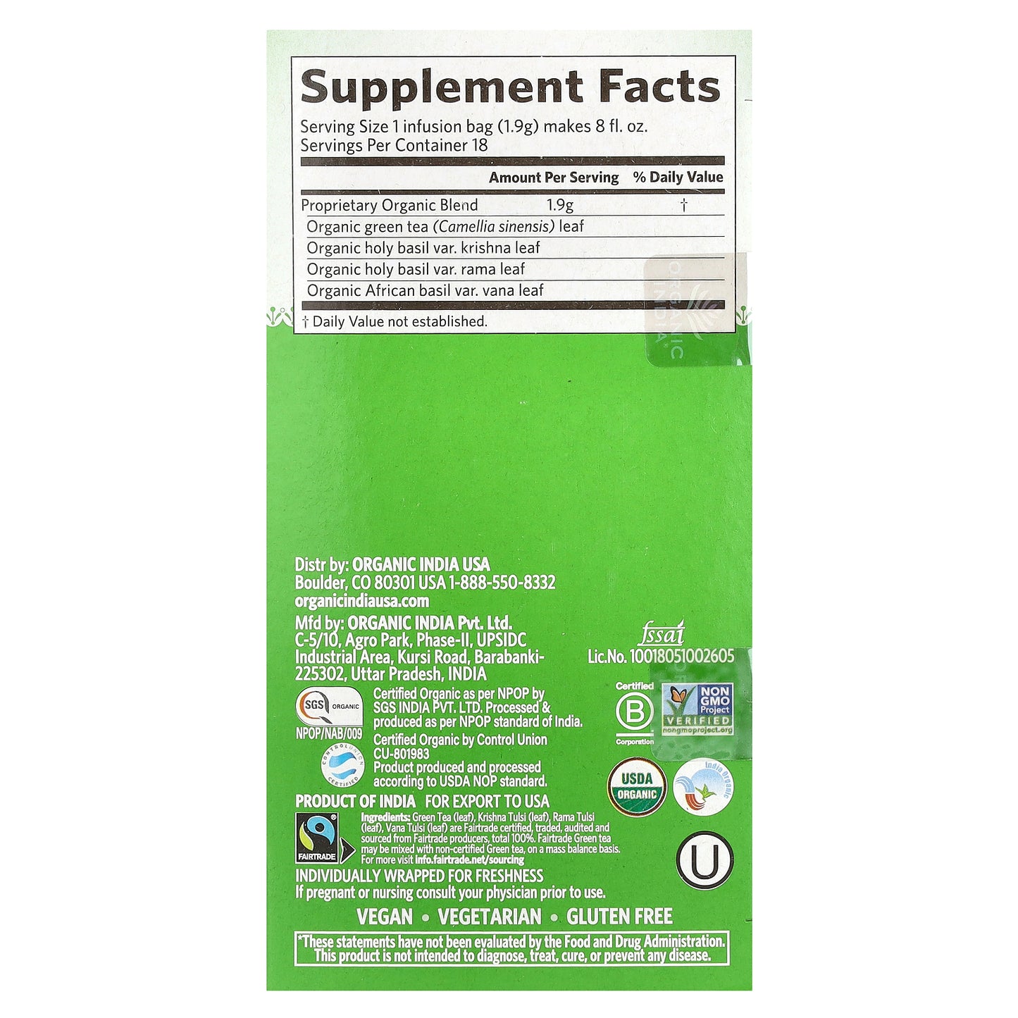 Organic India, Tulsi Green Tea, 18 Infusion Bags, 1.21 oz (34.2 g)