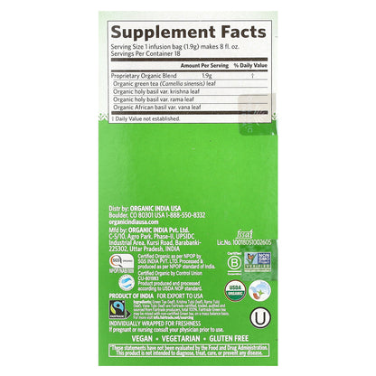 Organic India, Tulsi Green Tea, 18 Infusion Bags, 1.21 oz (34.2 g)