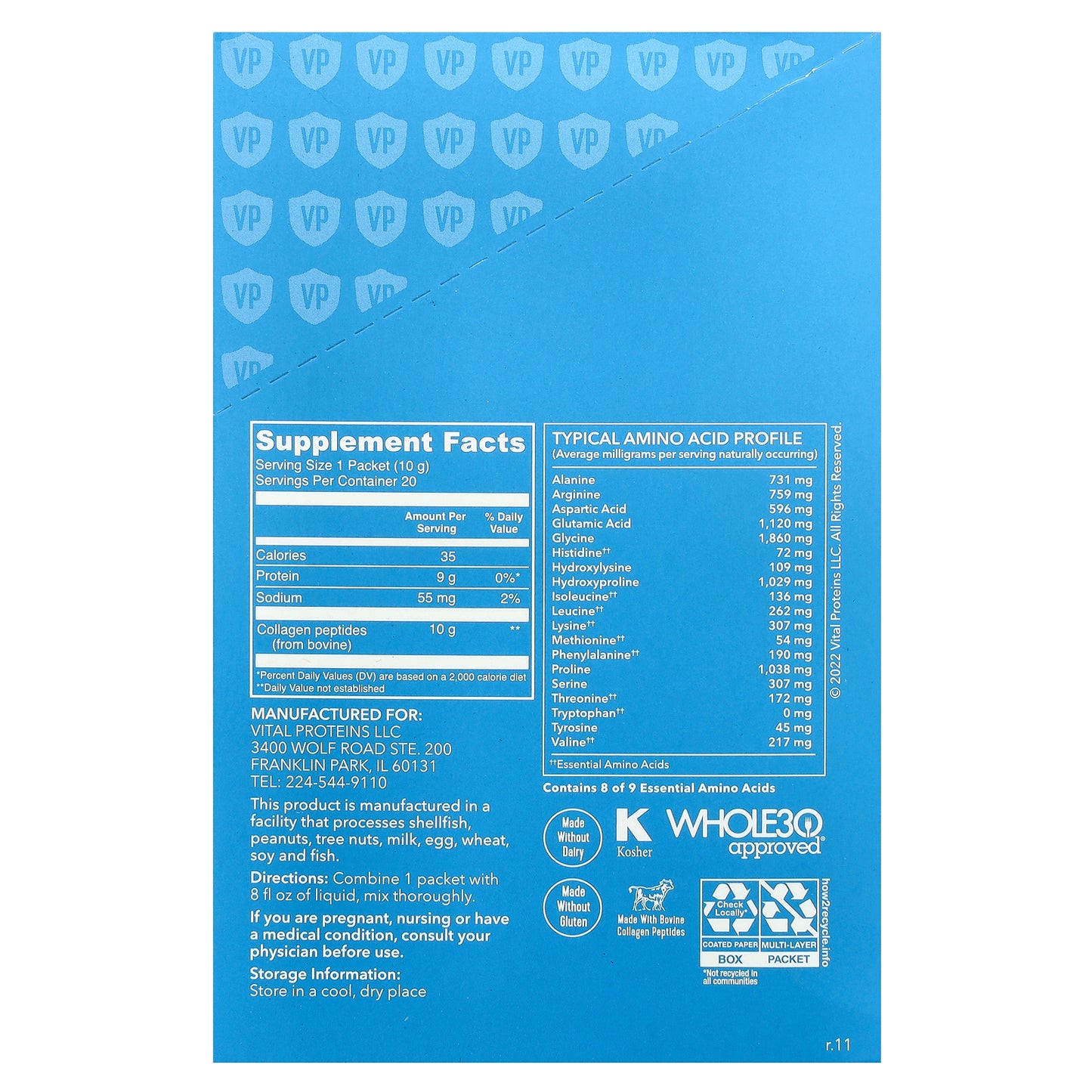 Vital Proteins, Collagen Peptides, Unflavored, 20 Packets, 0.35 oz (10 g) Each