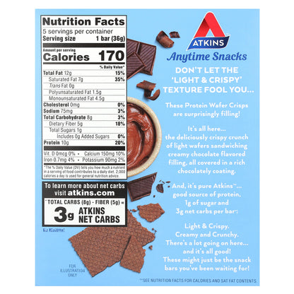 Atkins, Anytime Snacks, Protein Wafer Crisps, Chocolate Creme, 5 Bars, 1.27 oz (36 g) Each