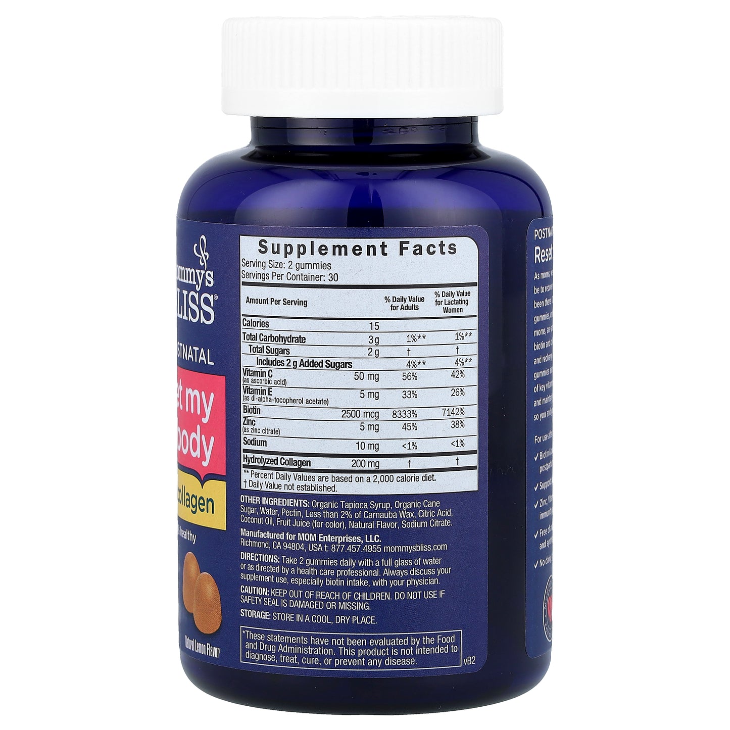Mommy's Bliss, Postnatal, Reset My Body With Biotin & Collagen, Natural Lemon, 60 Gummies