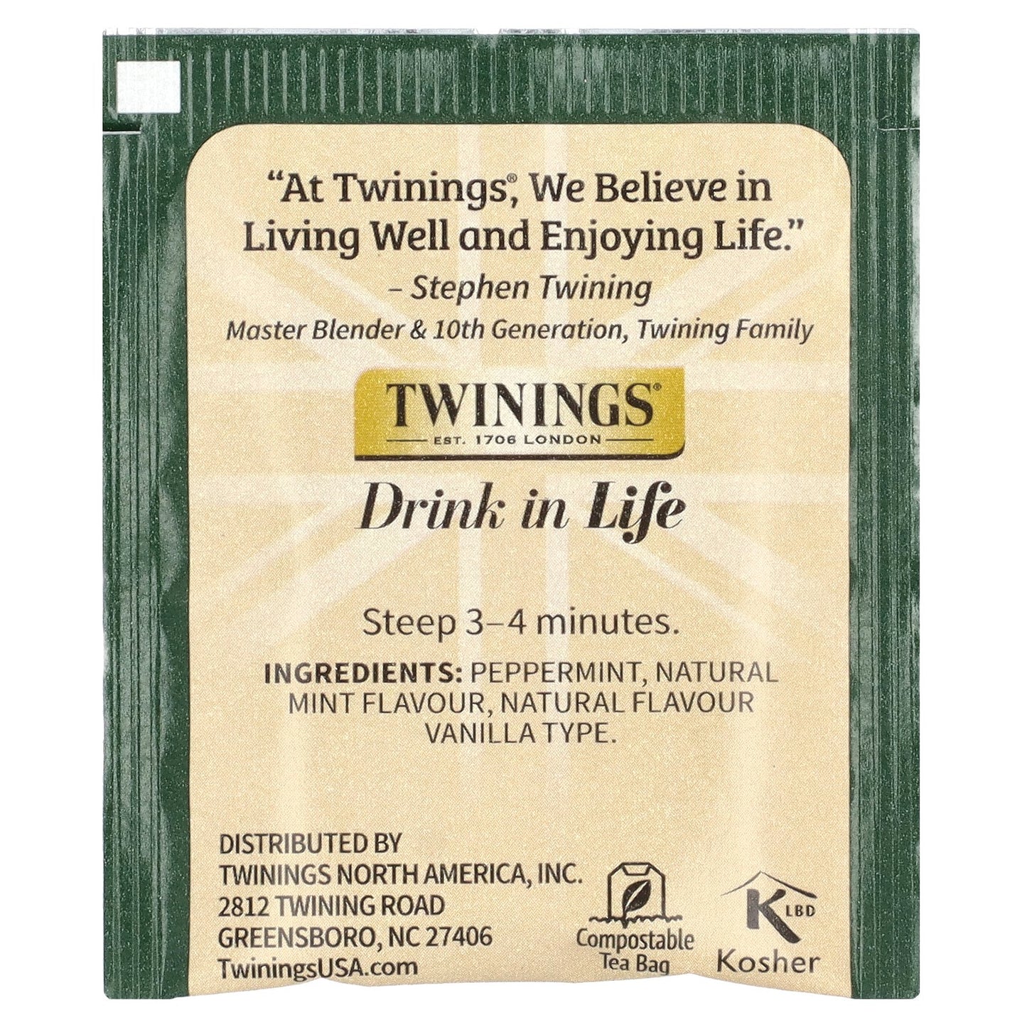 Twinings, Flavored Herbal Tea, Peppermint & Creamy Vanilla, Caffeine Free, 20 Tea Bags, 1.41 oz (40 g)