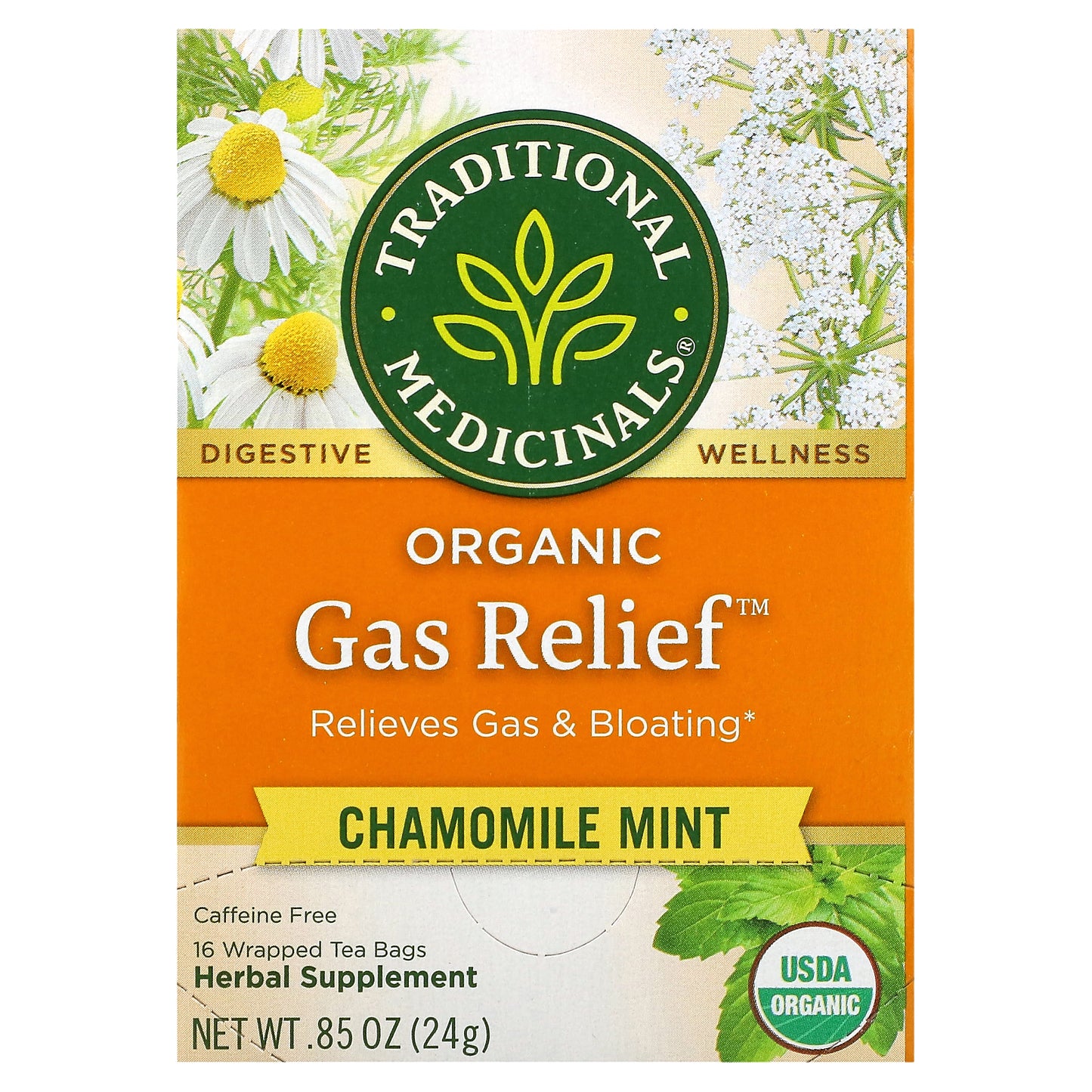 Traditional Medicinals, Organic Gas Relief™, Chamomile Mint, Caffeine Free, 16 Wrapped Tea Bags, 0.85 oz (24 g)