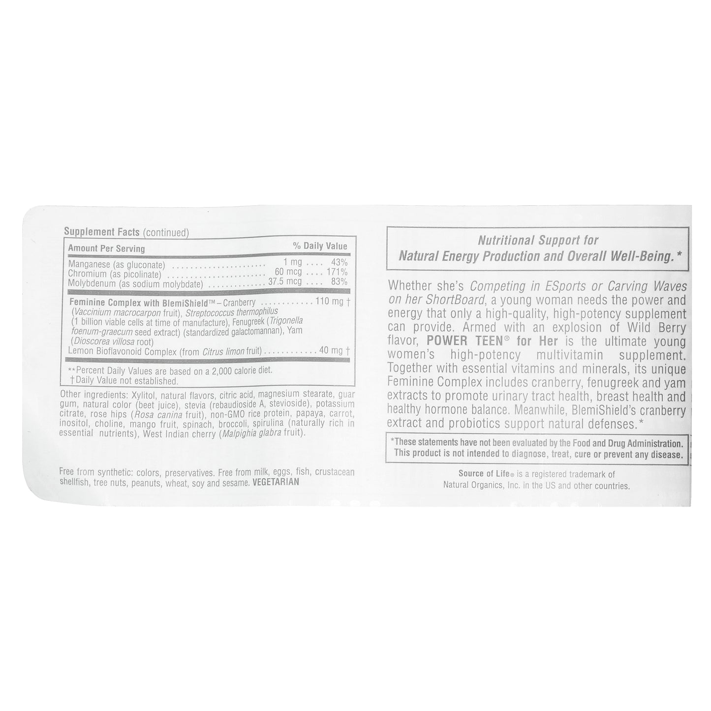 NaturesPlus, Source of Life®, Power Teen® for Her, Sugar Free, Wild Berry, 60 Chewable Tablets