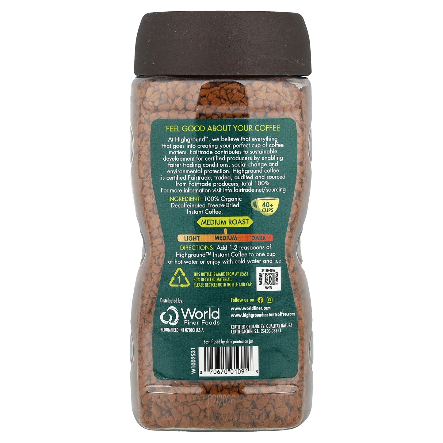 Highground Coffee, Organic Instant Coffee, Medium Roast, Decaf, 3.53 oz (100 g)