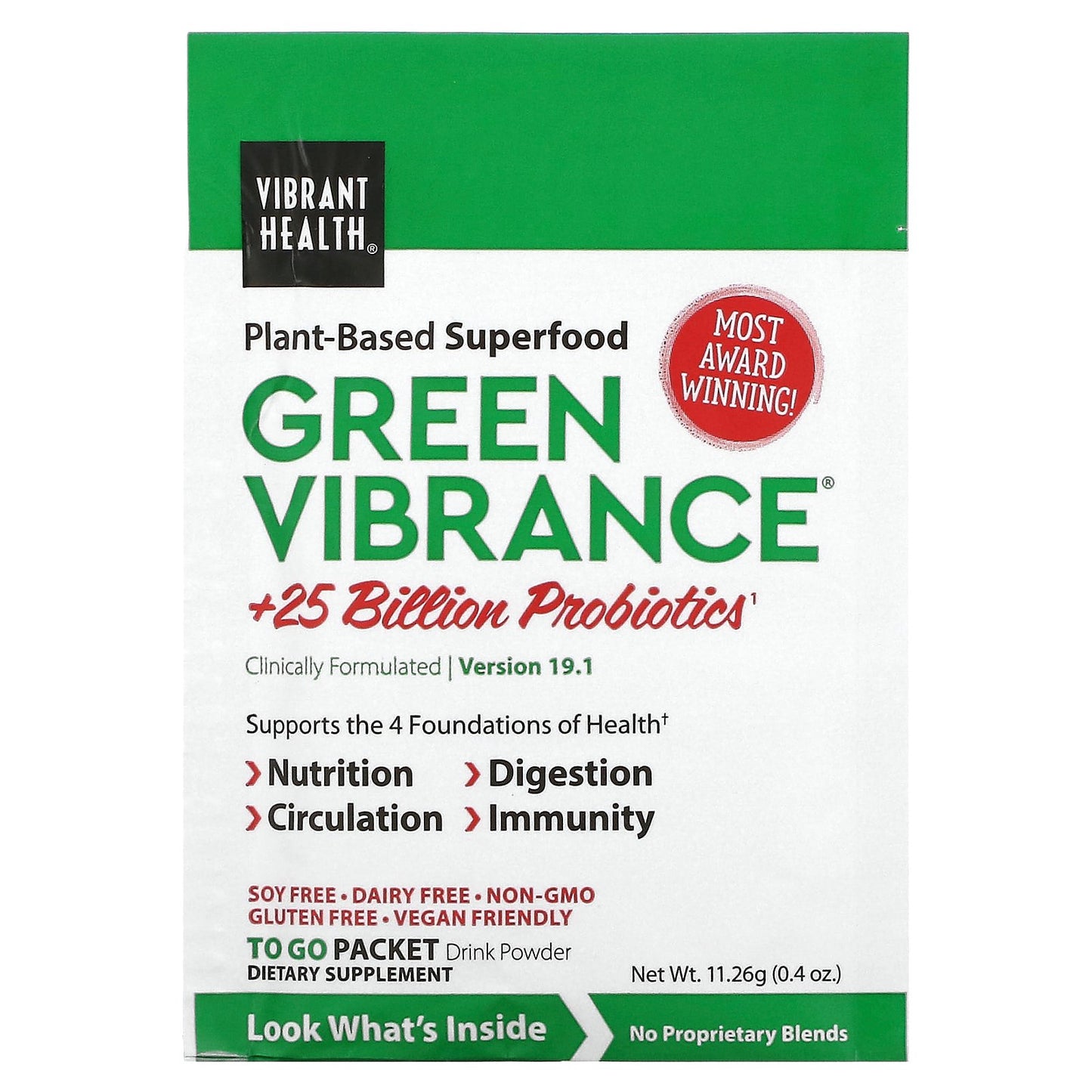 Vibrant Health, Green Vibrance +25 Billion Probiotics, Version 19.1, 15 Packets, 5.96 oz (168.9 g)