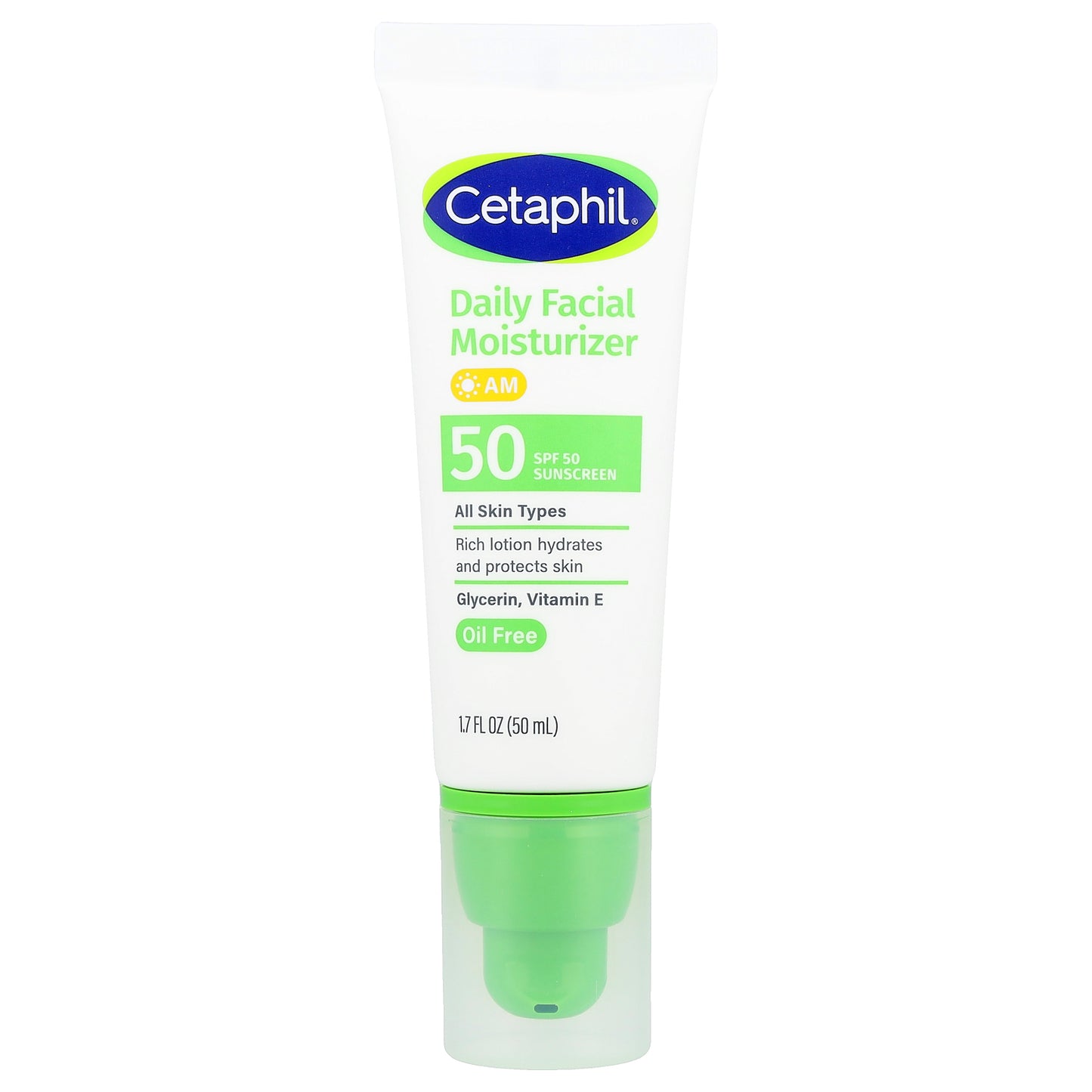 Cetaphil, Daily Facial Moisturizer, Sunscreen, SPF 50, Fragrance Free, 1.7 fl oz (50 ml)