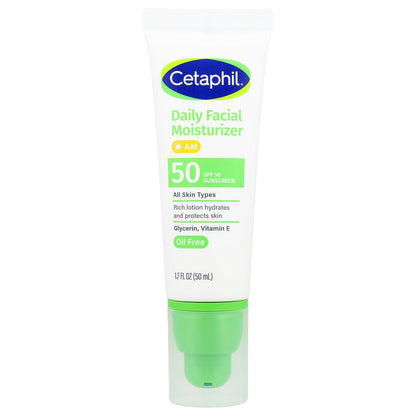 Cetaphil, Daily Facial Moisturizer, Sunscreen, SPF 50, Fragrance Free, 1.7 fl oz (50 ml)