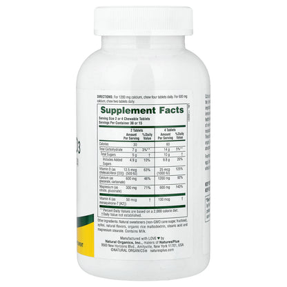 NaturesPlus, Chewable Cal/Mag/Vit D3 with Vitamin K2, Vanilla, 60 Chewable Tablets