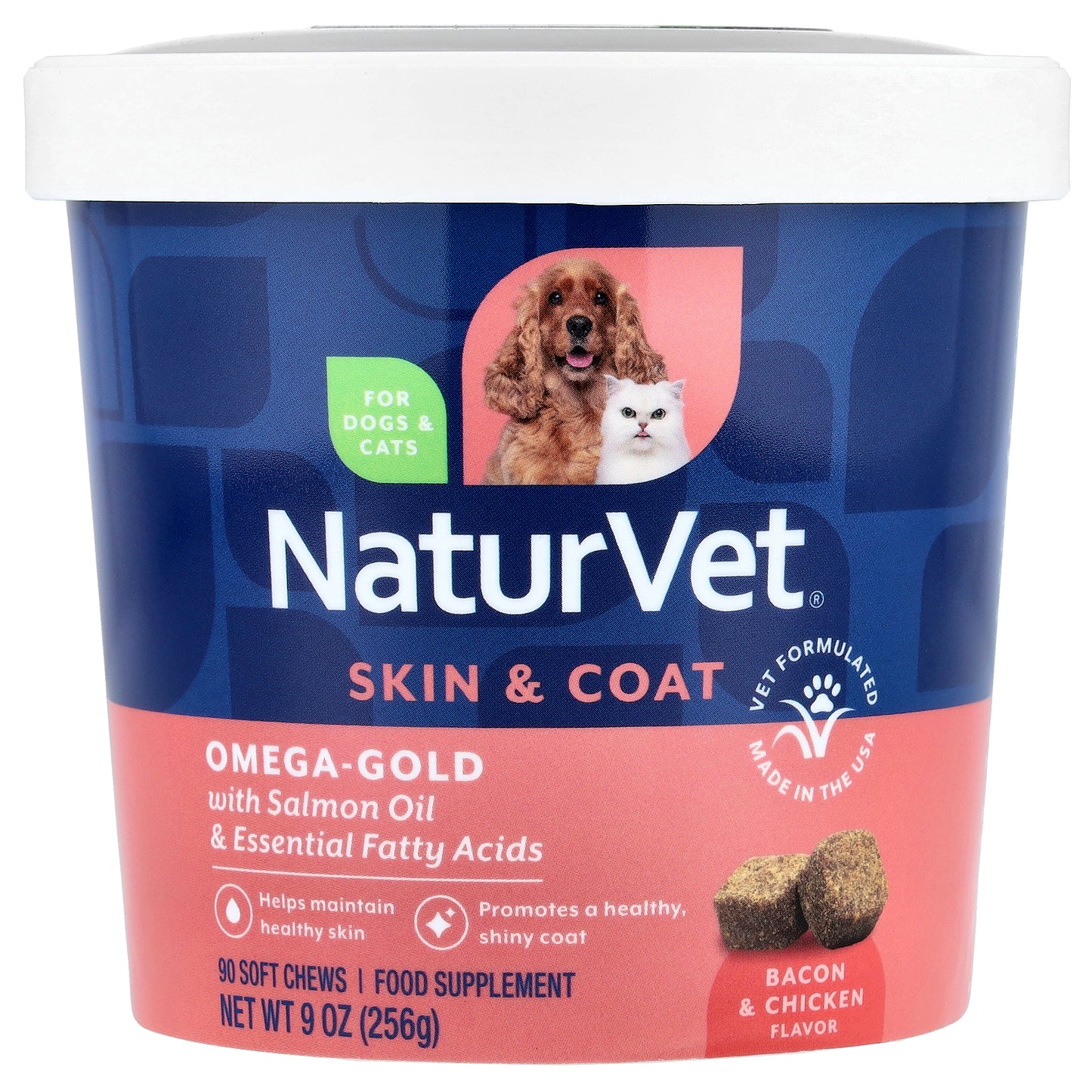NaturVet, Omega-Gold With Salmon Oil & Essential Fatty Acids, For Dogs & Cats, Bacon & Chicken, 90 Soft Chews, 9 oz (256 g)