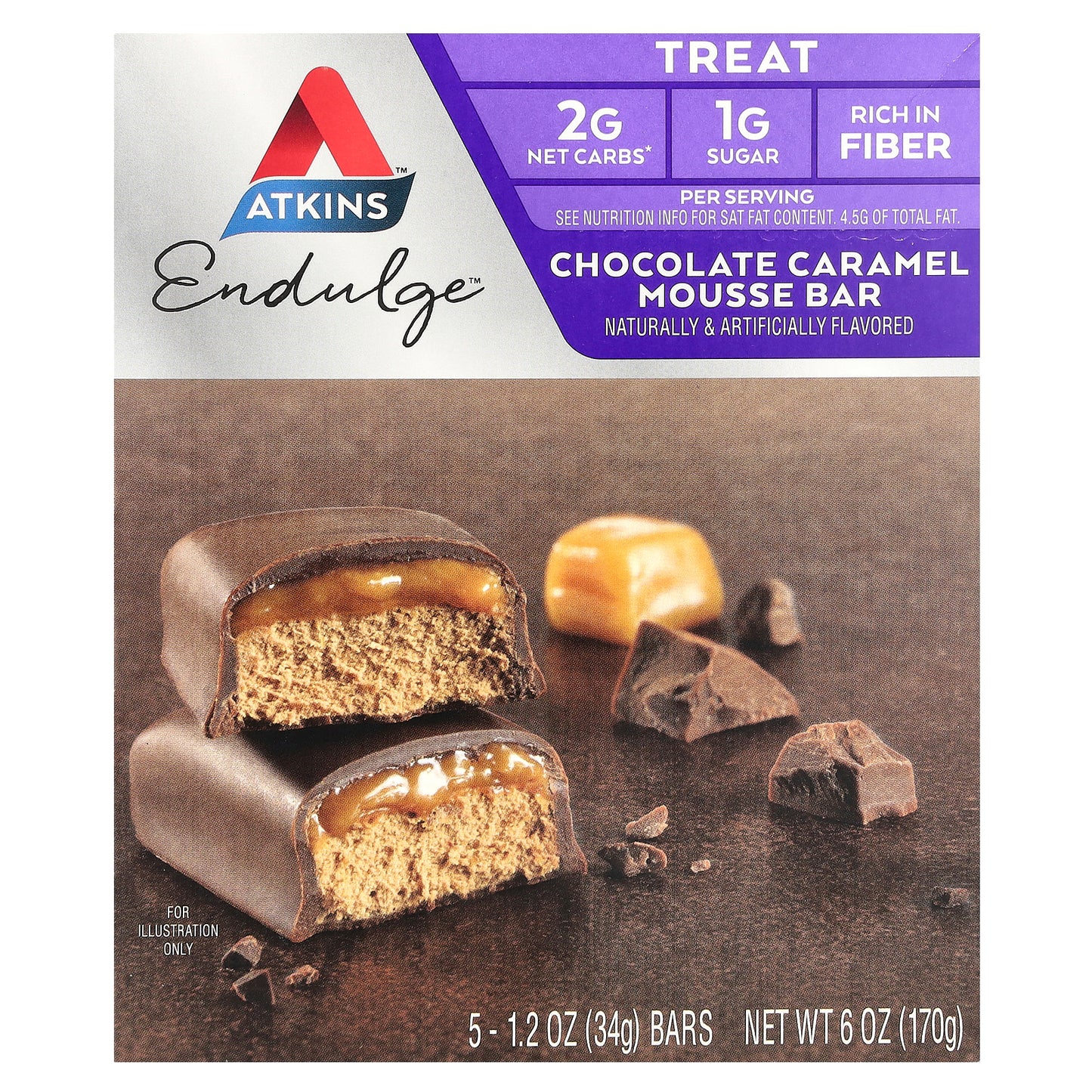Atkins, Endulge™, Chocolate Caramel Mousse Bar, 5 Bars, 1.2 oz (34 g) Each