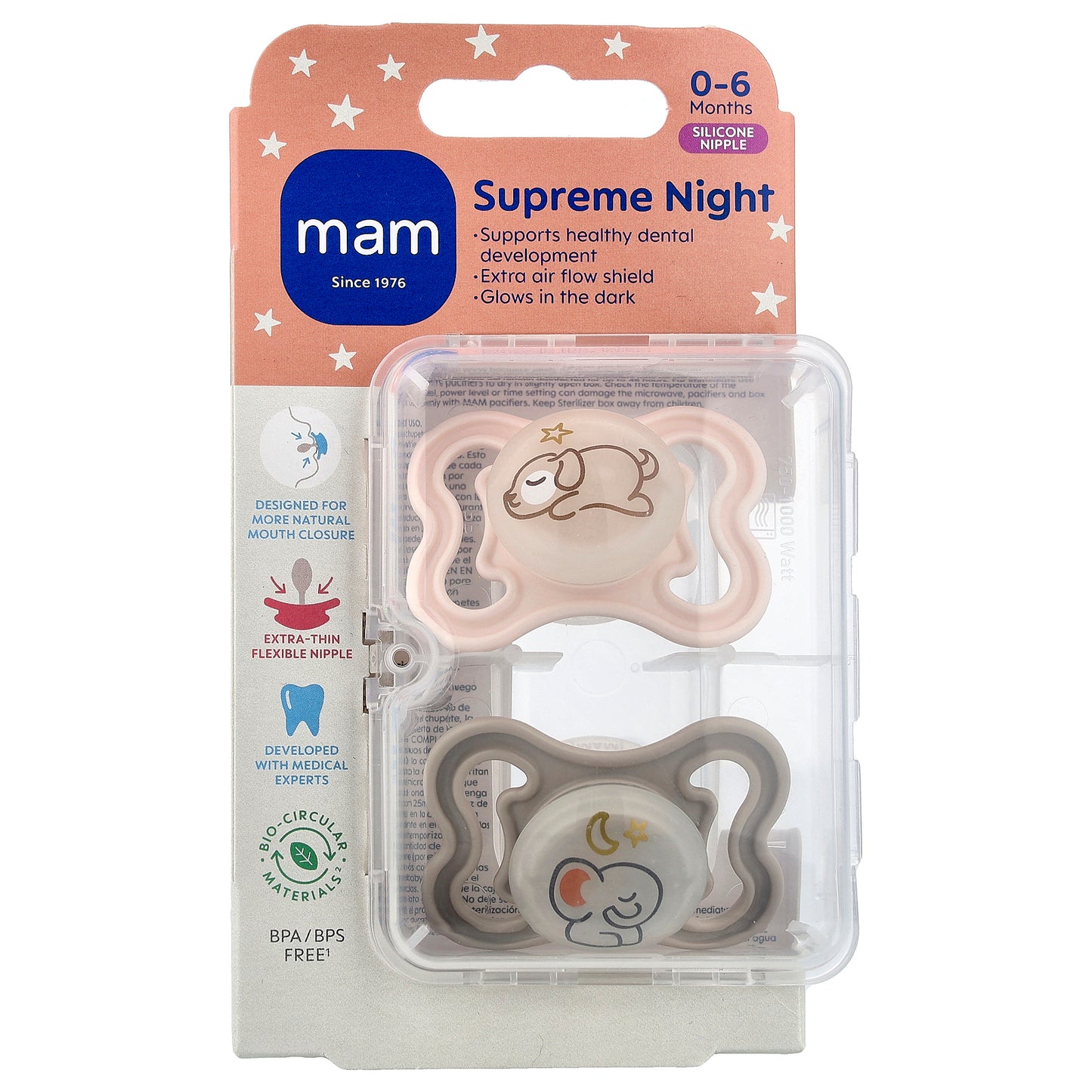 MAM, Supreme Night Pacifier, 0-6 Months, Pink & Grey , 2 Count