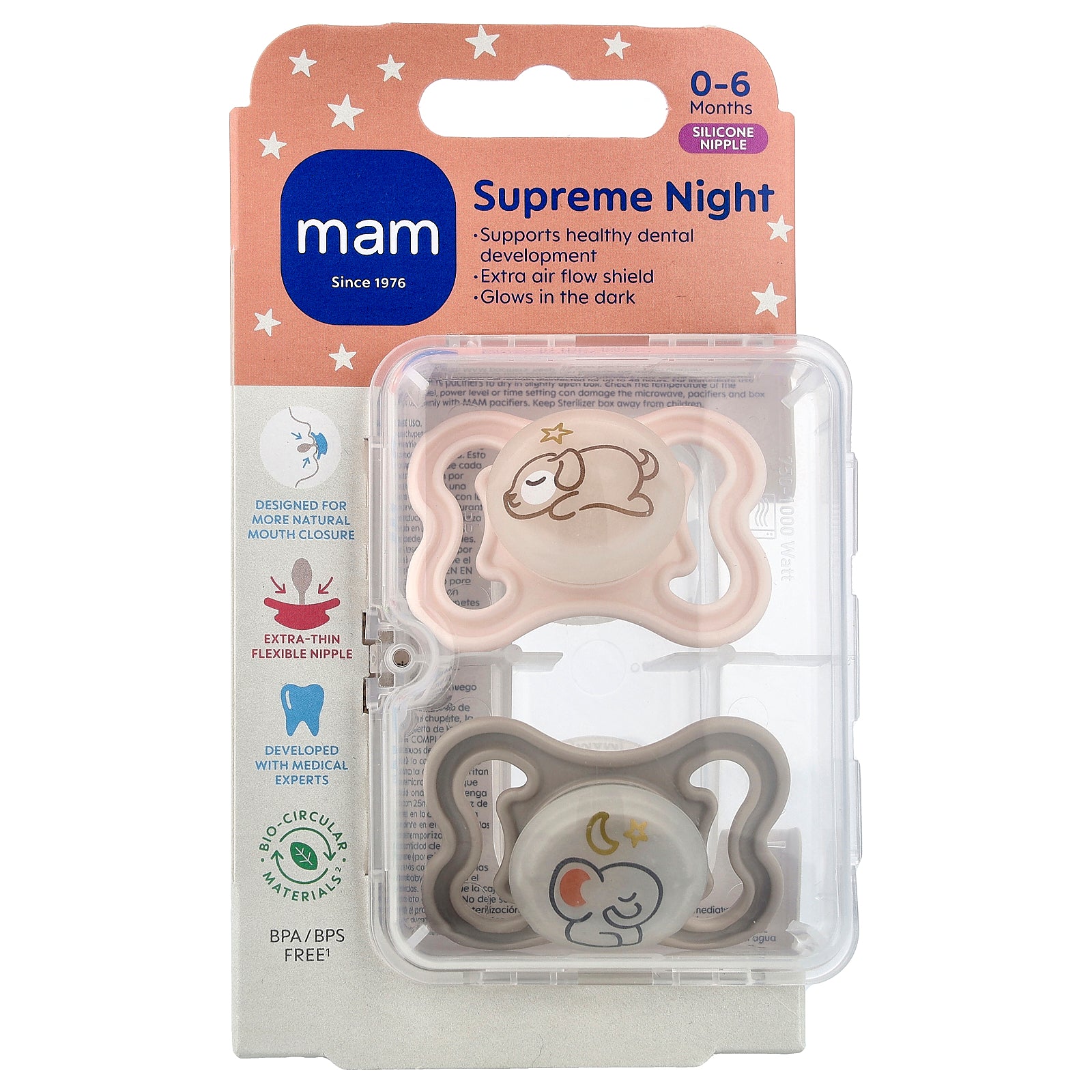 MAM, Supreme Night Pacifier, 0-6 Months, Pink & Grey , 2 Count