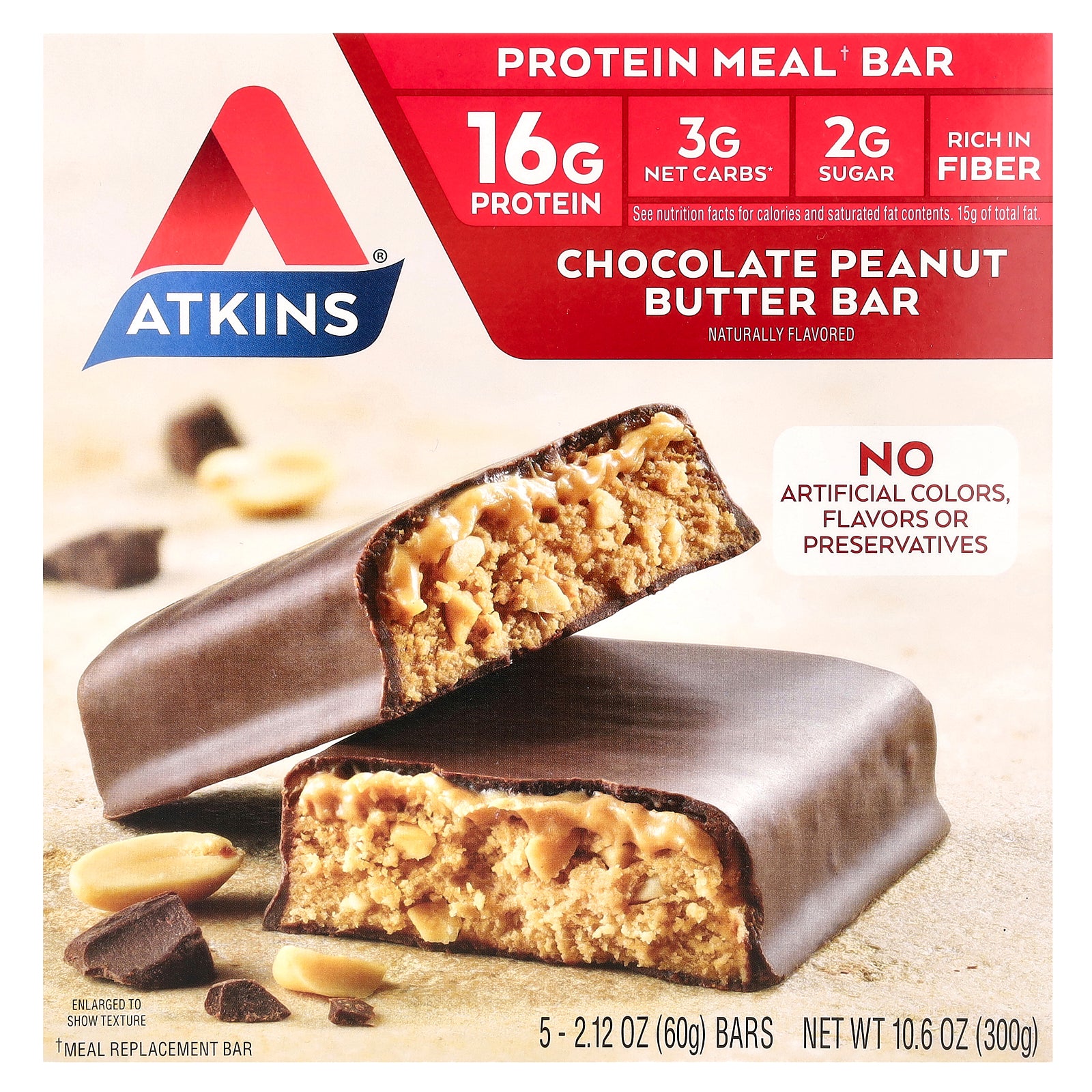 Atkins, Protein Meal Bar, Chocolate Peanut Butter , 5 Bars, 2.12 oz (60 g) Each