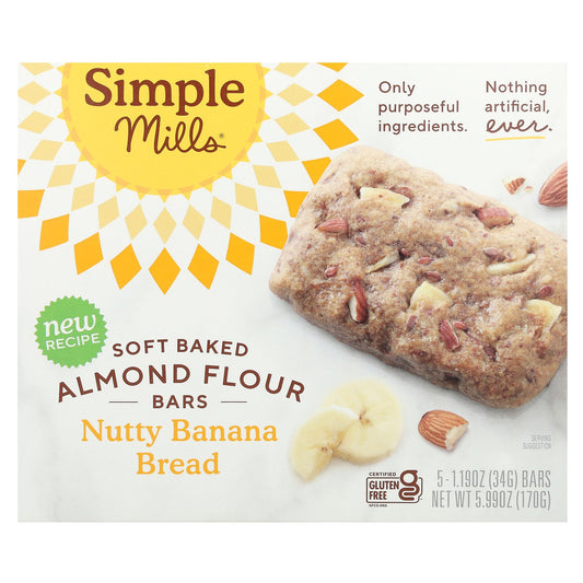 Simple Mills, Soft Baked Almond Flour Bars, Nutty Banana Bread, 5 Bars, 1.19 oz (34 g) Each