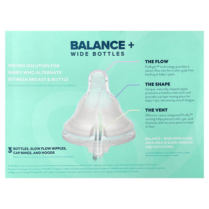 Evenflo Feeding, Balance+ Bottles, Wide, 0+ Months, Slow Flow, 3 Bottles, 5 oz (150 ml) Each