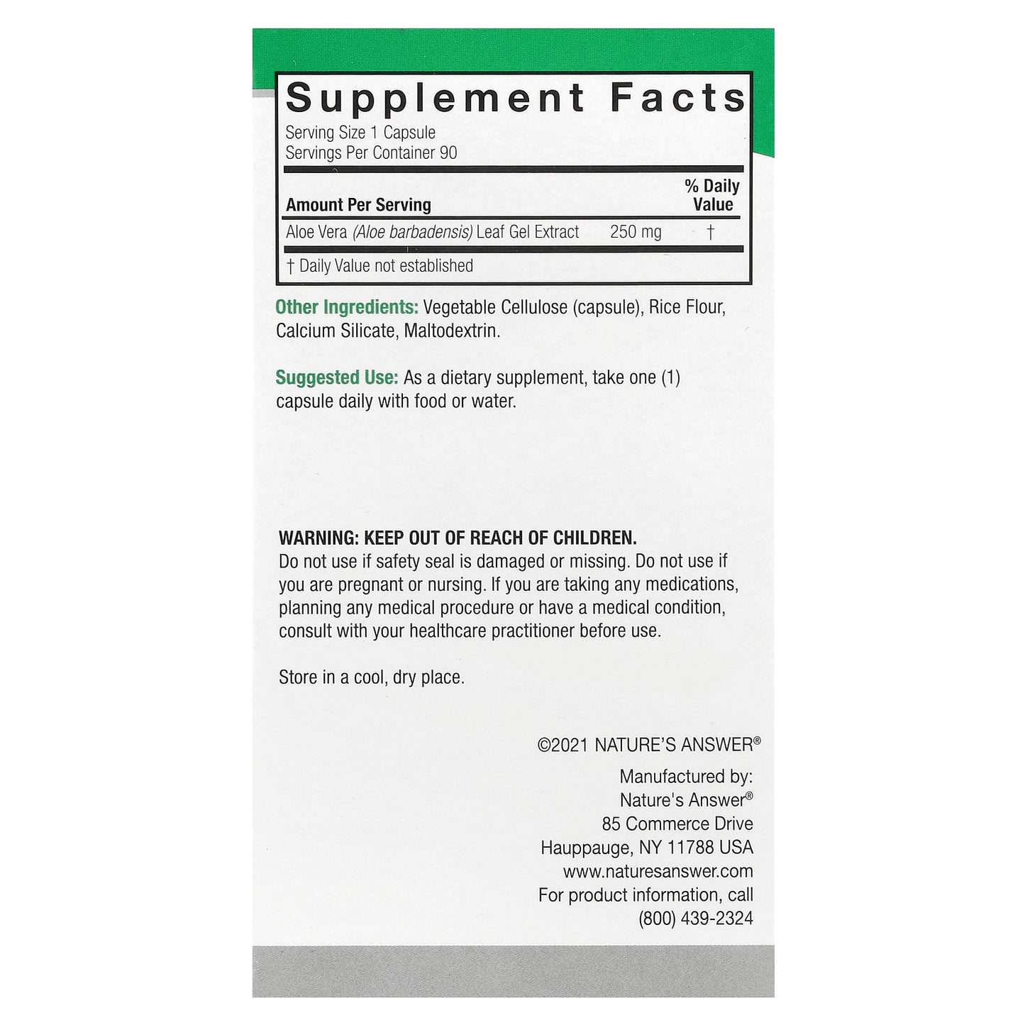 Nature's Answer, Aloe Vera , 250 mg, 90 Vegetarian Capsules