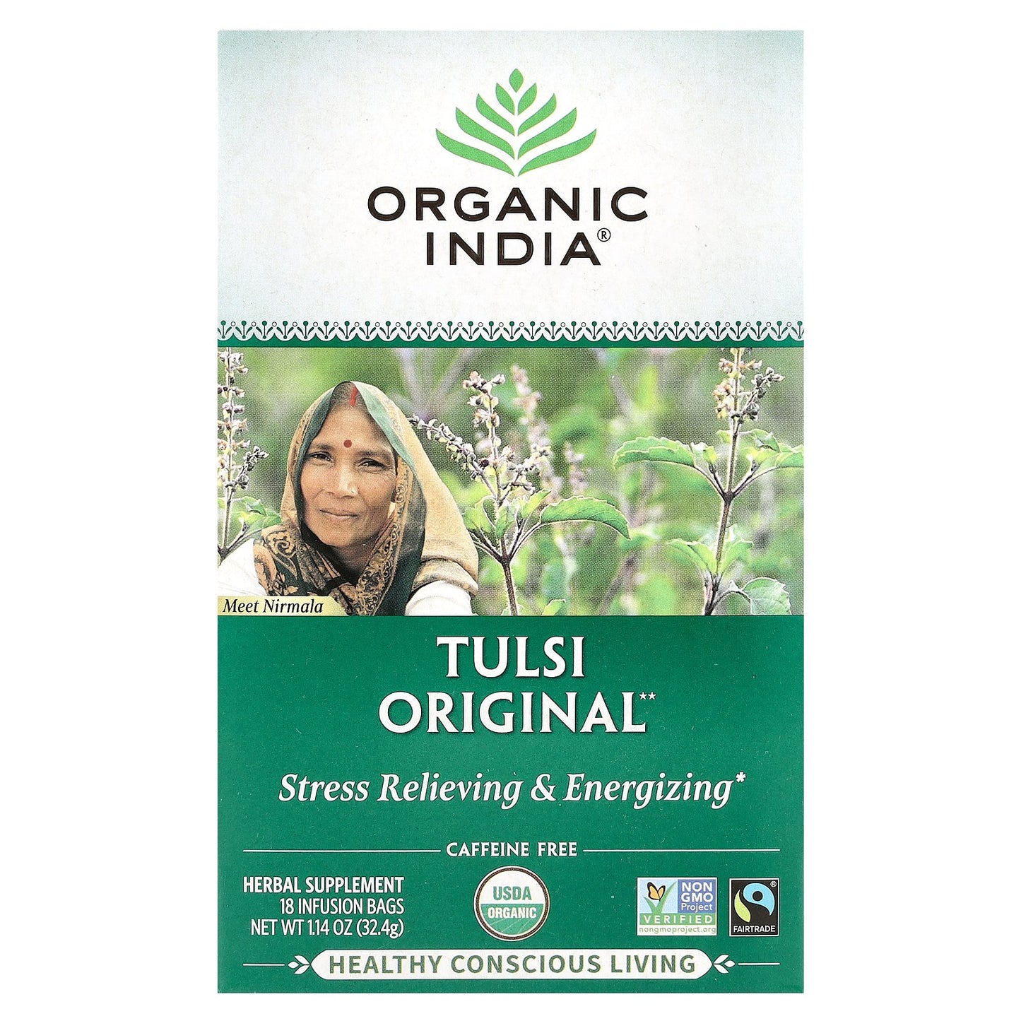 Organic India, Tulsi Original Tea, Caffeine-Free, 18 Infusion Bags, 1.14 oz (32.4 g)