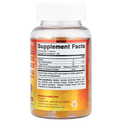 Vitamatic, Vitamin D3 Gummies, Natural Orange, 250 mcg (10,000 IU), 120 Gummies