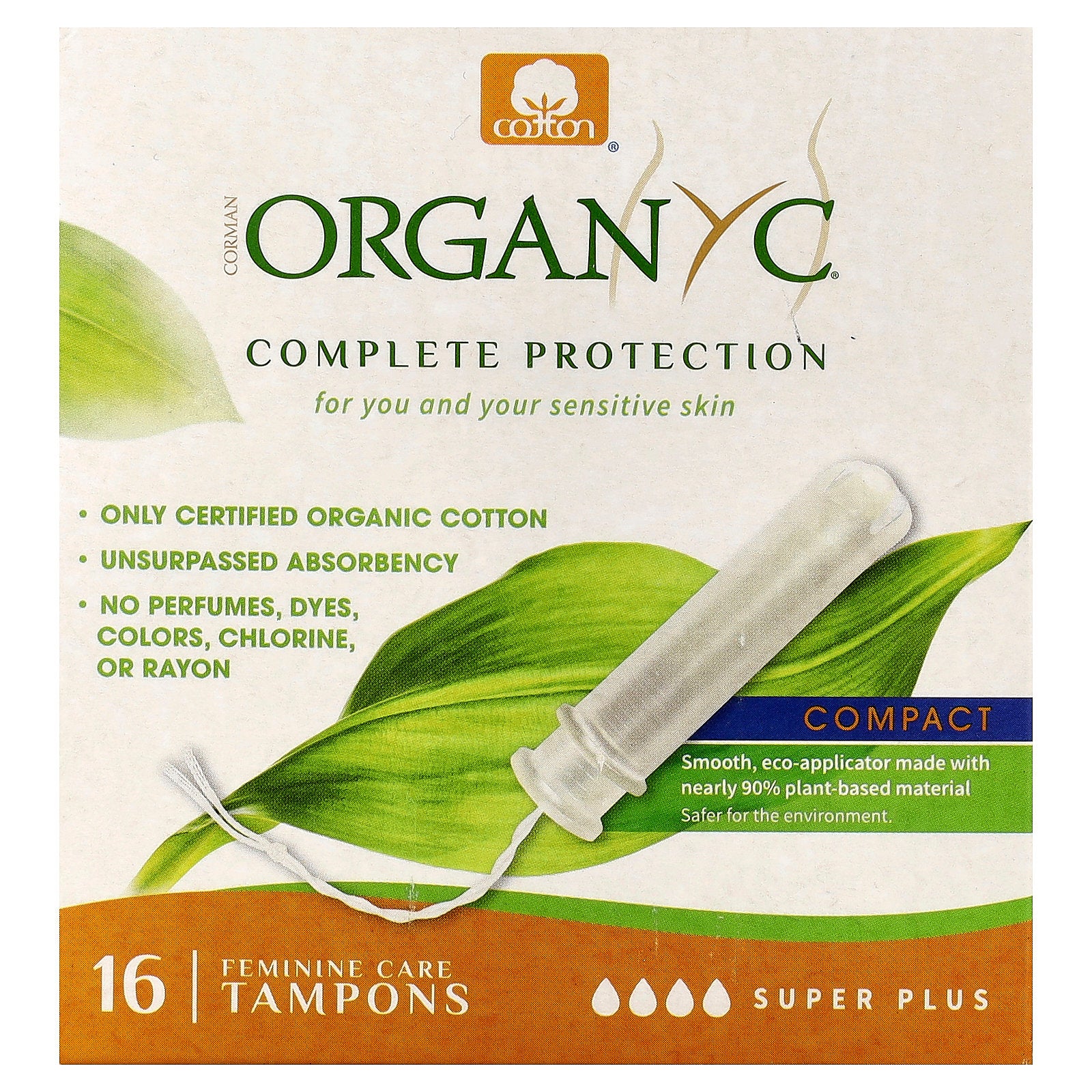 Organyc, Feminine Care Tampons, Compact, Super Plus, 16 Tampons