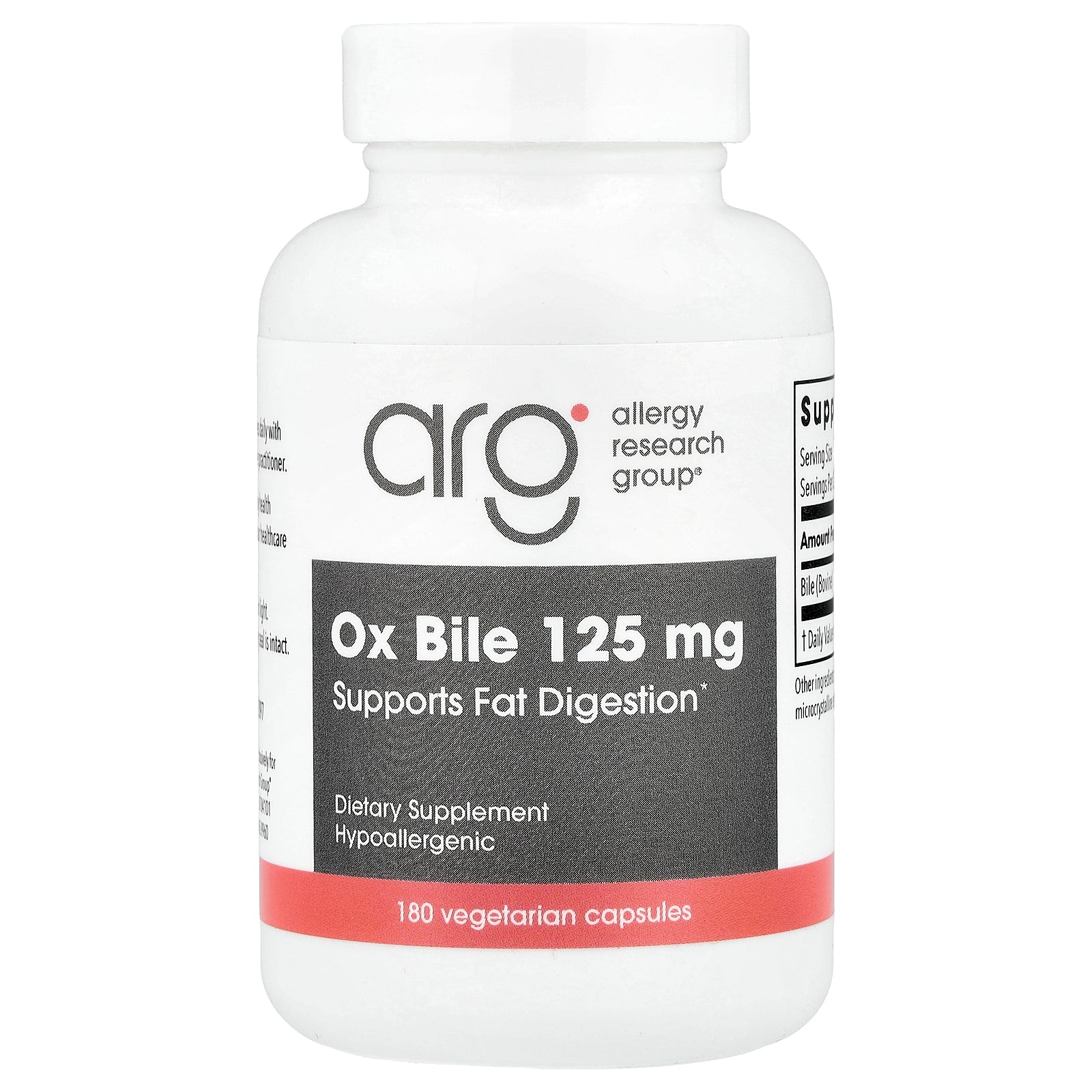 Allergy Research Group, Ox Bile, 125 mg, 180 Vegetarian Capsules