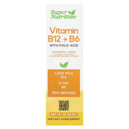 Super Nutrition, Vitamin B12 as Cyanocobalamin with Vitamin B6 and Folic Acid, Raspberry Lemon, 1 fl oz (30 ml)