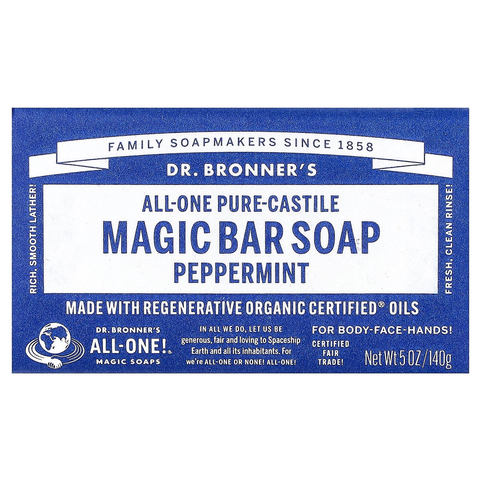 Dr. Bronner's, All-One Pure-Castile Magic Bar Soap, Peppermint, 5 oz (140 g)