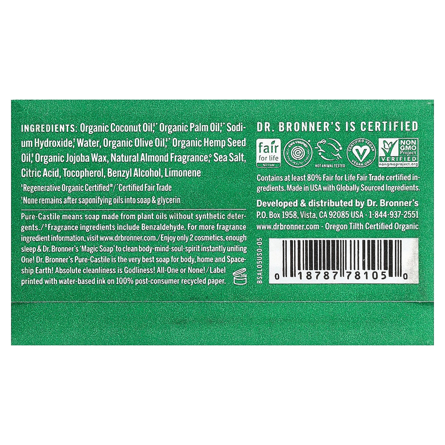 Dr. Bronner's, All-One Pure-Castile Magic Bar Soap, Almond, 5 oz (140 g)