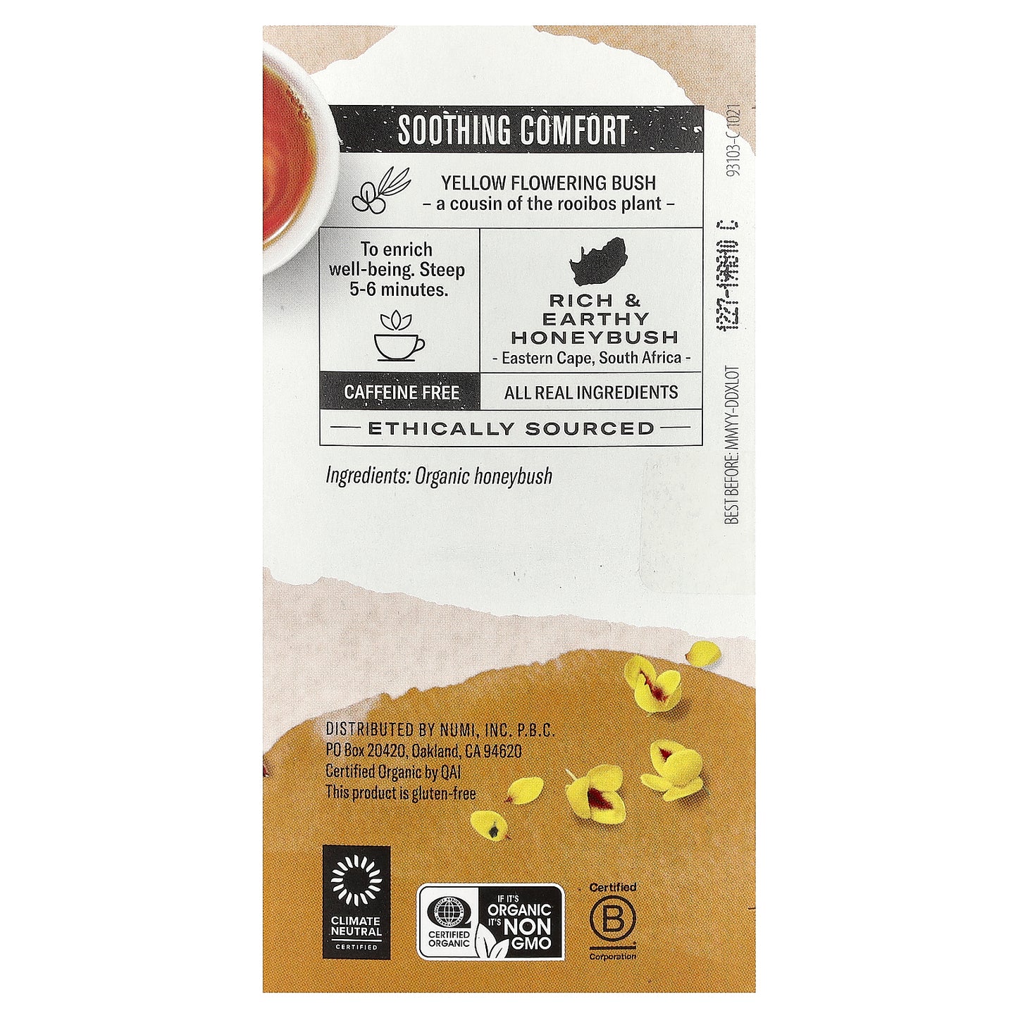 Numi Tea, Organic Herbal Teasan, Honeybush, Caffeine Free, 18 Non-GMO Tea Bags, 1.52 oz (43.2 g)