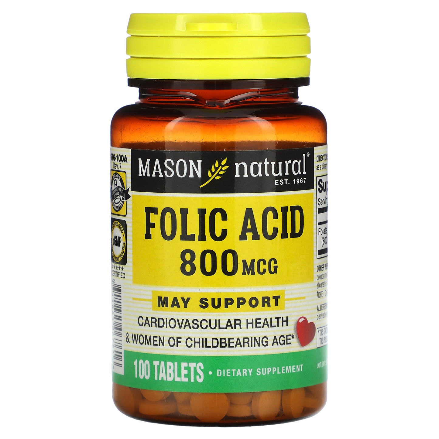 Mason Natural, Folic Acid, 800 mcg, 100 Tablets