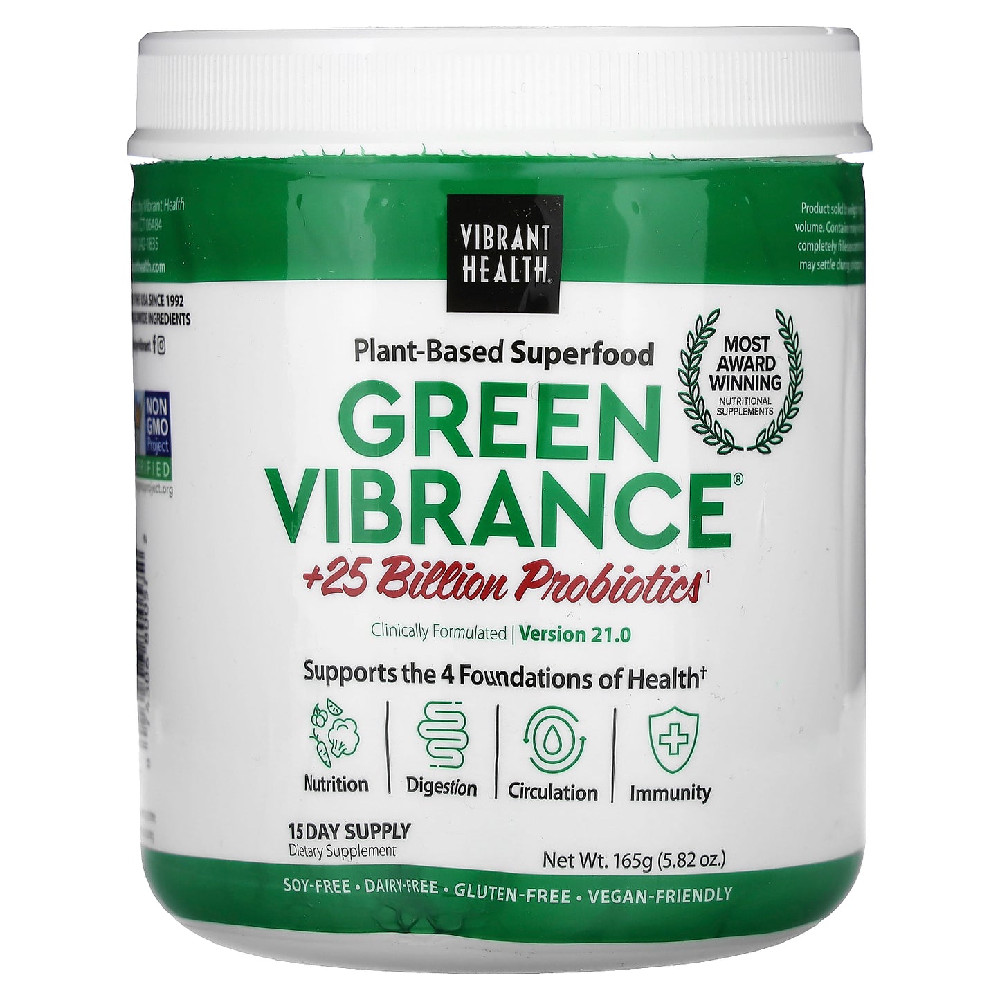 Vibrant Health, Green Vibrance +25 Billion Probiotics, Version 21.0, 5.82 oz (165 g)